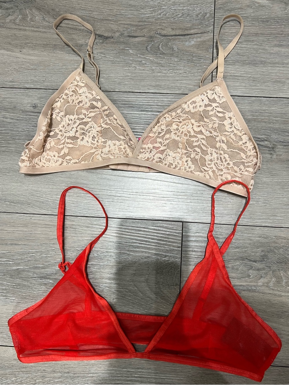 Nude Lace Triangle Bralette & Red Mesh Triangle Bralette - Women Intimates
